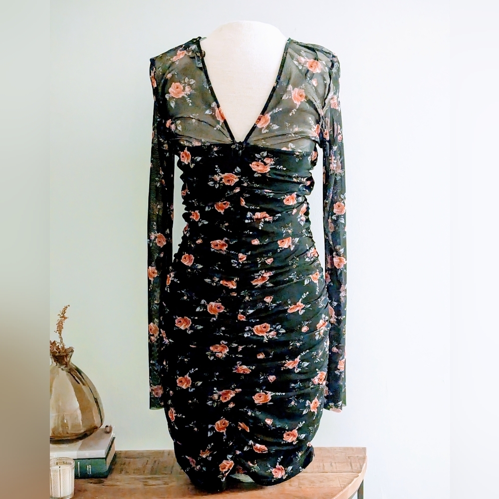 Zara Ruched Tulle Rose Pattern Dress with Mesh Long Sleeves - Picture 6 of 14